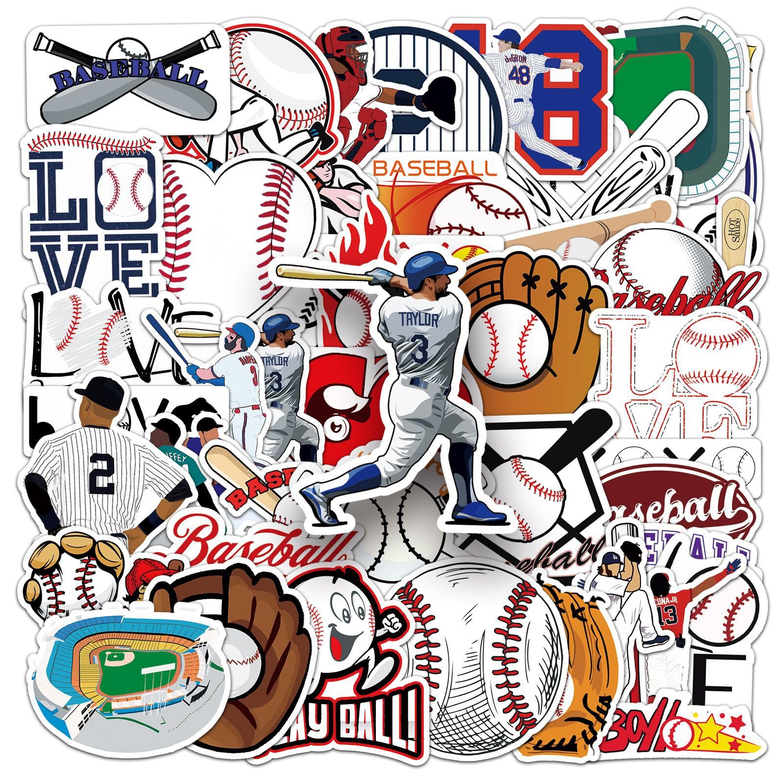 50PCS Cartoon Baseball Stickers for Teens Boys Girls Kids Adults,Sport Graffiti Waterproof Decals for Laptop Water Bottle Luggage Notebook Car Bike Computer Phone Helmet Skateboard Bicycle