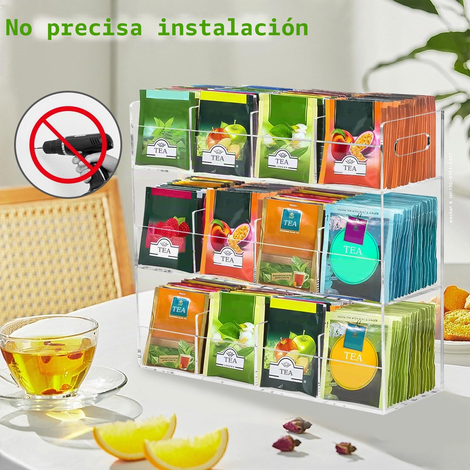 Tefola Organizador de té con asa, 3 niveles y 12 compartimentos, gran almacenamiento de té para 216 bolsas de té, caja de acrílico transparente transparente para té, café y paquetes de azúcar