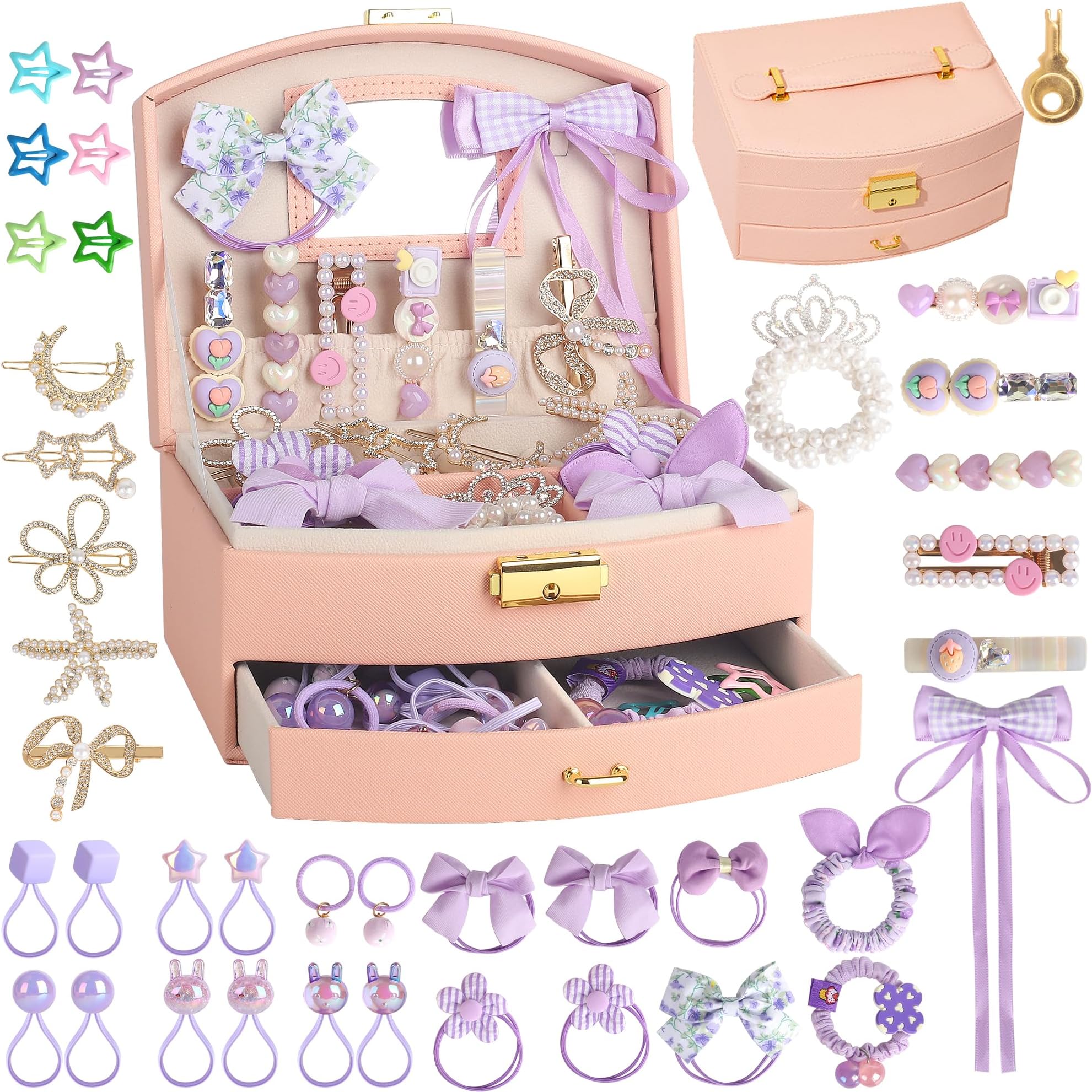 Toys for Girls Birthday Gifts for Girls with Hair Accessories including Jewelry Box/Hair Clips/Hair Barrettes/Hair Ties/Hair Bows，Gift Ideas for Girls Age 3 4 5 6 7 8-12（Purple）