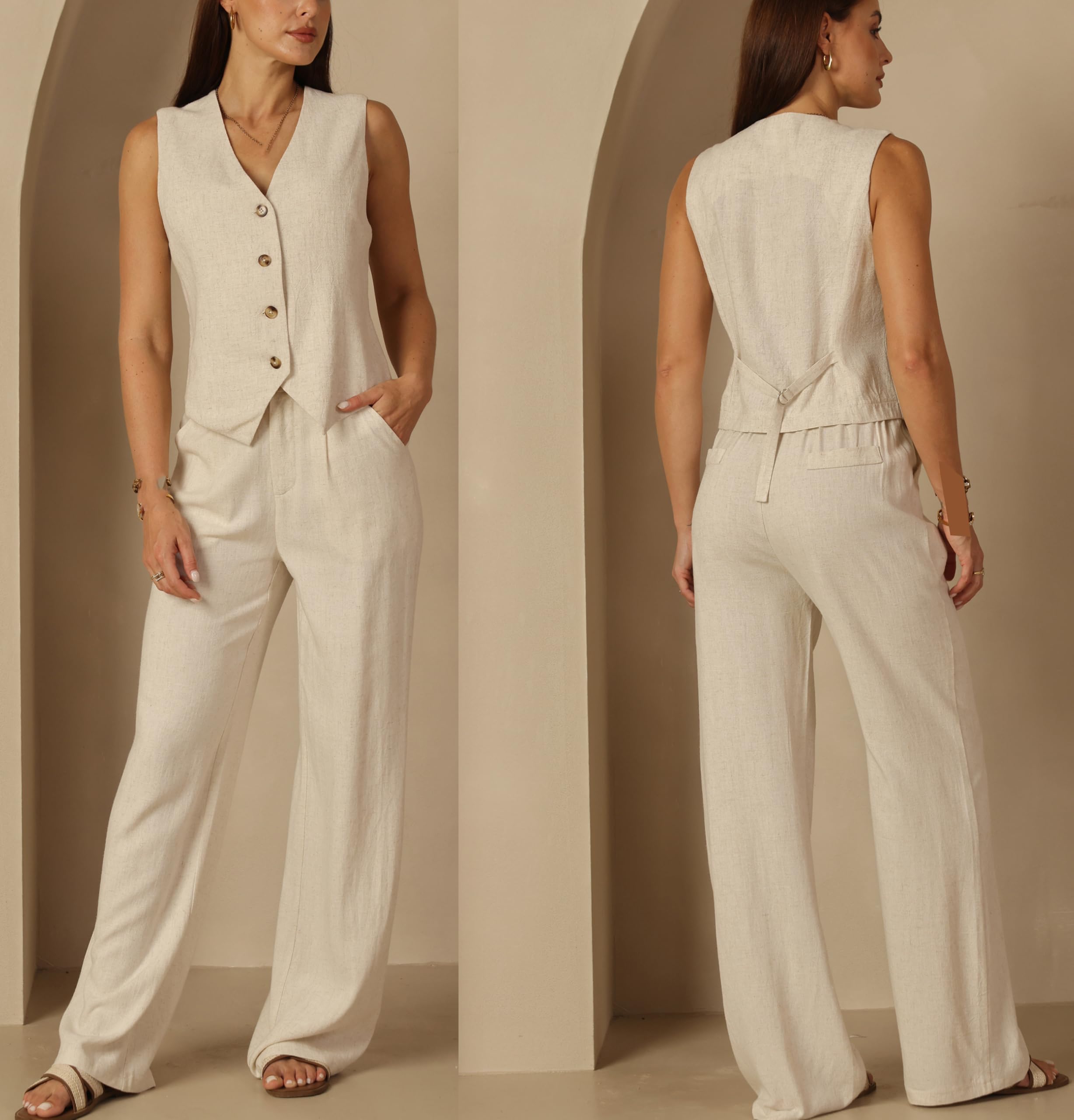 Fakanhui 2 pezzi vestito da donna in lino estivo gilet completo completo gamba larga pantaloni business tempo libero vacanza set lavoro