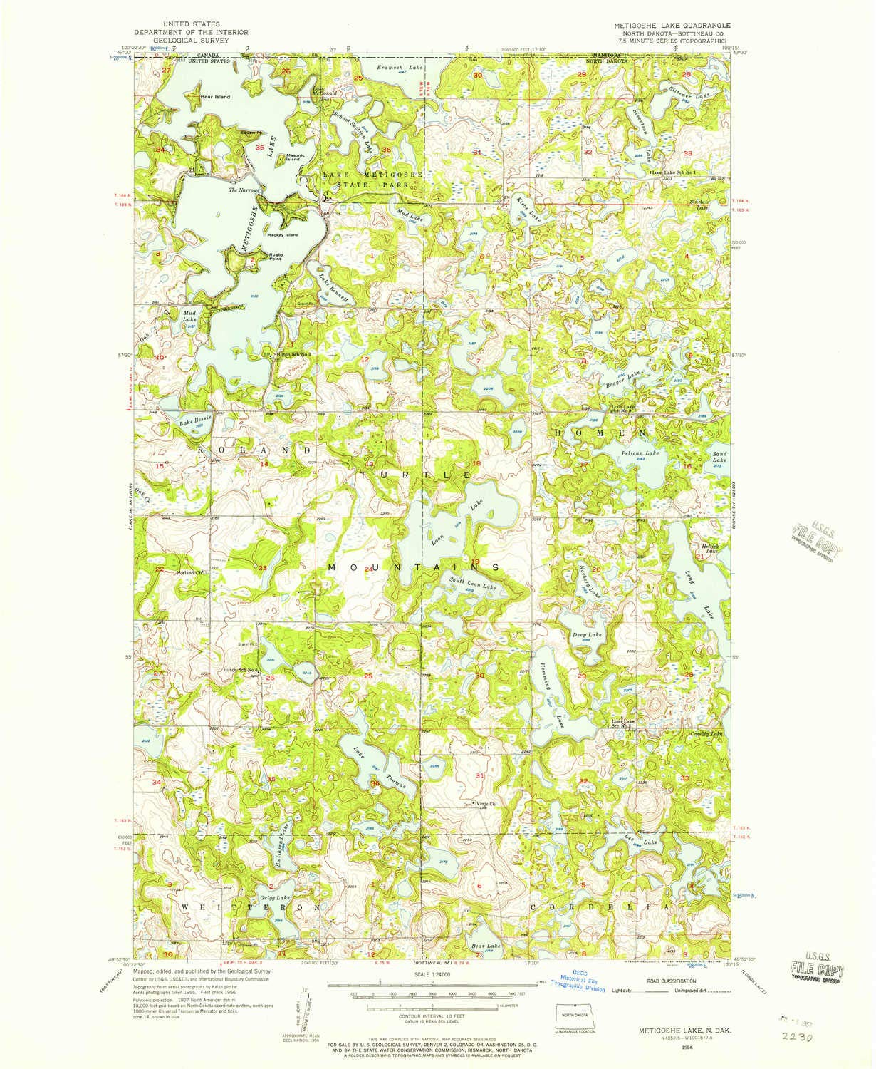 YellowMaps Metigoshe Lake ND topo map, 1:24000 Scale, 7.5 X 7.5 Minute, Historical, 1956, Updated 1957, 26.9 x 22 in