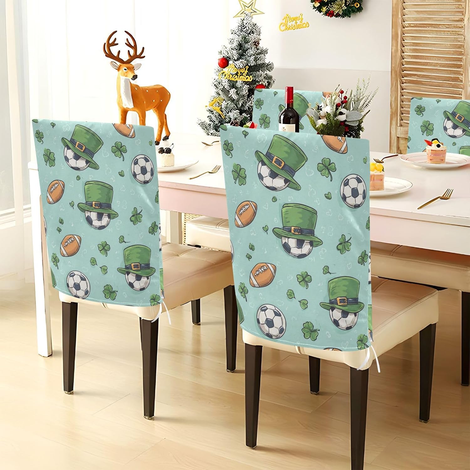 ALAZA Footballs Clovers Chair Back Cover Set of 6, Washable Reusable Removable Chair Slipcovers Decorative Chair Cover for Home Kitchen Wedding Party