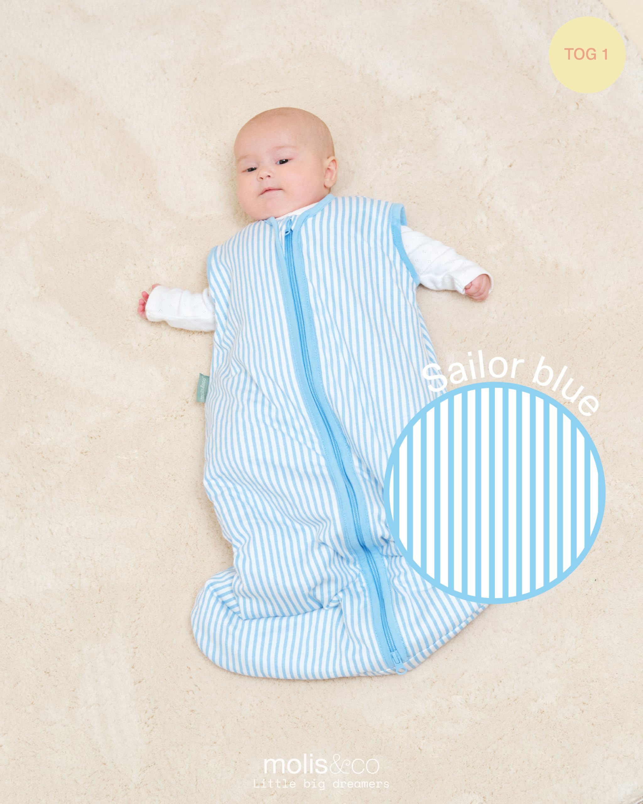 molis&co - Sacco Nanna 1 TOG - Sacco nanna primaverile e autunno - Sacco Nanna per Neonato da 6-18 mesi - 100% Cotone (Certificato Oeko-Tex) - Leggermente Imbotito, Senza Maniche - Sailor Blue