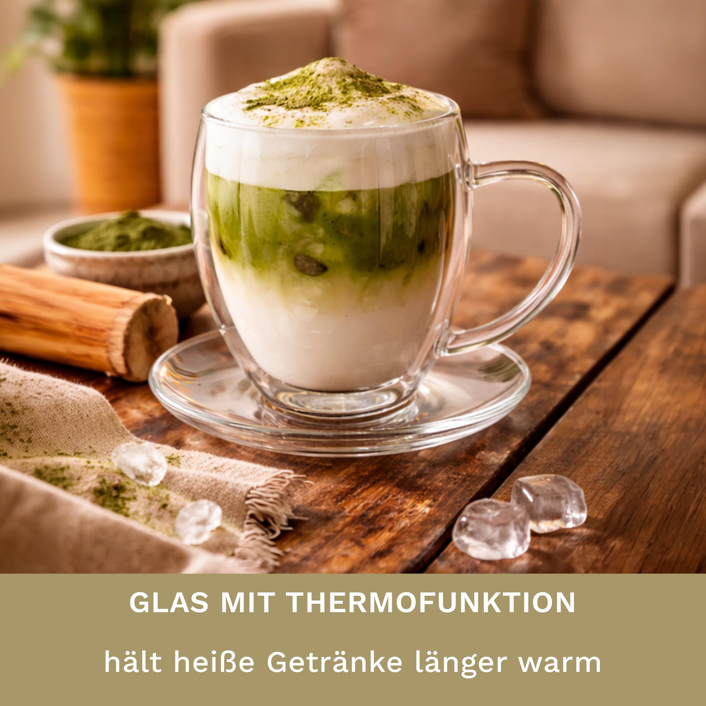 Creano 6 doppelwandige 250 ml Glas-Thermotassen mit Untersetzer, Glas-Teetasse/Kaffeetasse mit Schwebeeffekt, Glastasse mit Henkel und Untersetzer im Geschenkkarton - 6er Set