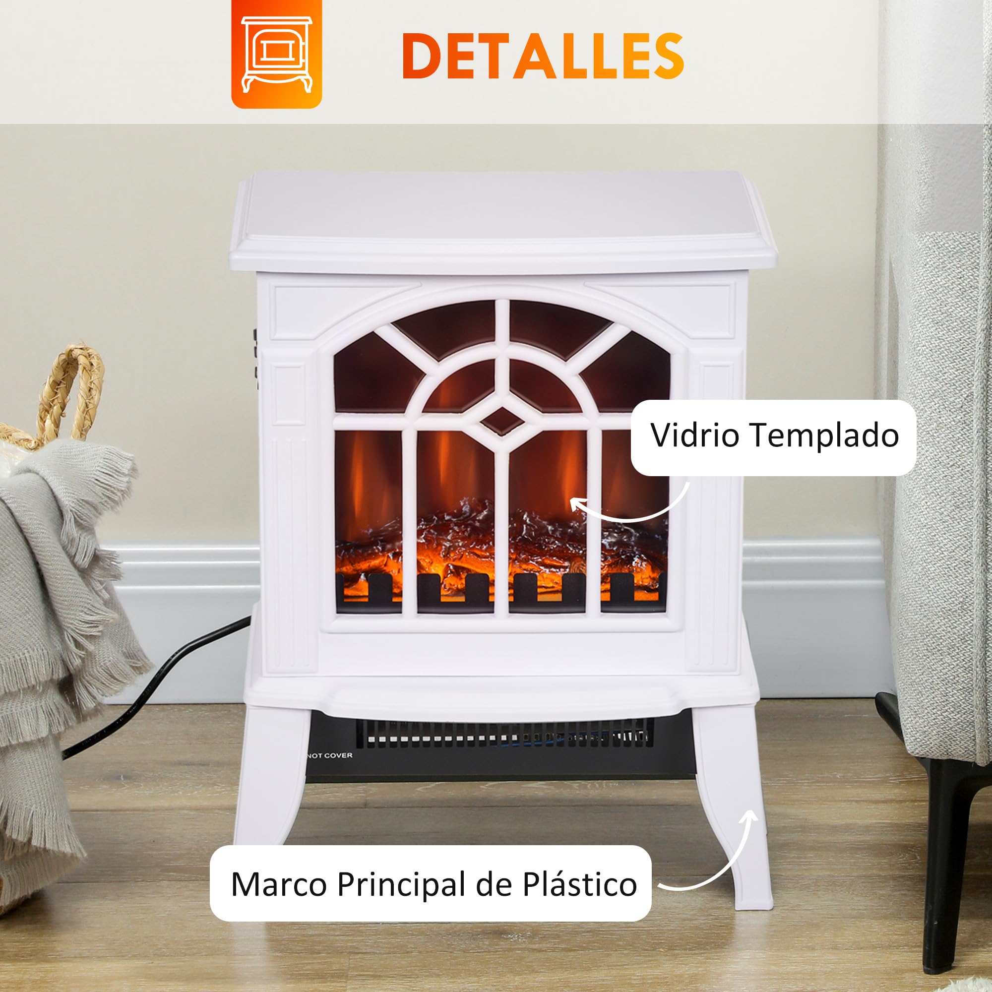 HOMCOM Chimenea Eléctrica 2000 W Decorativa de Pie con LED Llamas Temperatura Ajustable 36,5x24x46 cm Blanco