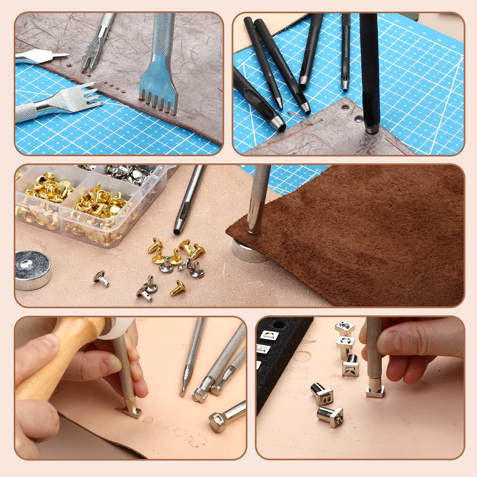 264 Piezas de Herramientas para Trabajar el Cuero - Juego de Accesorios con Estampado, Costura y Kit de Reparación