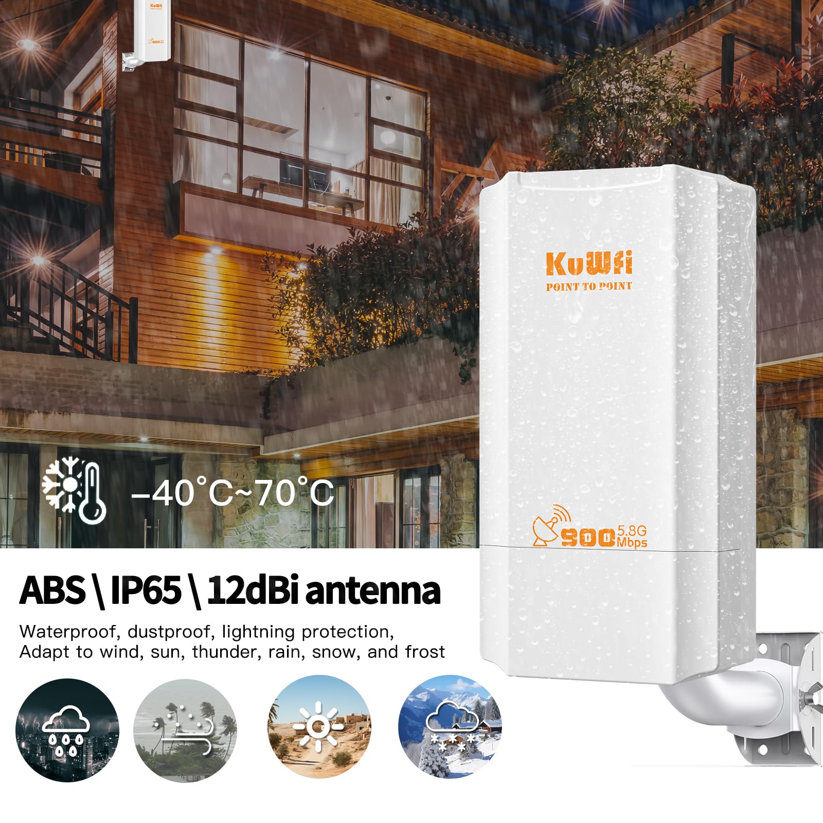 KuWFi Pont sans Fil Externe, 5,8 G sans Fil Bridge 900 Mmbps, 12 dBi antenne WiFi Longue Distance avec écran LED, Solution de Transmission 2 KM, accès Point WiFi pour caméra