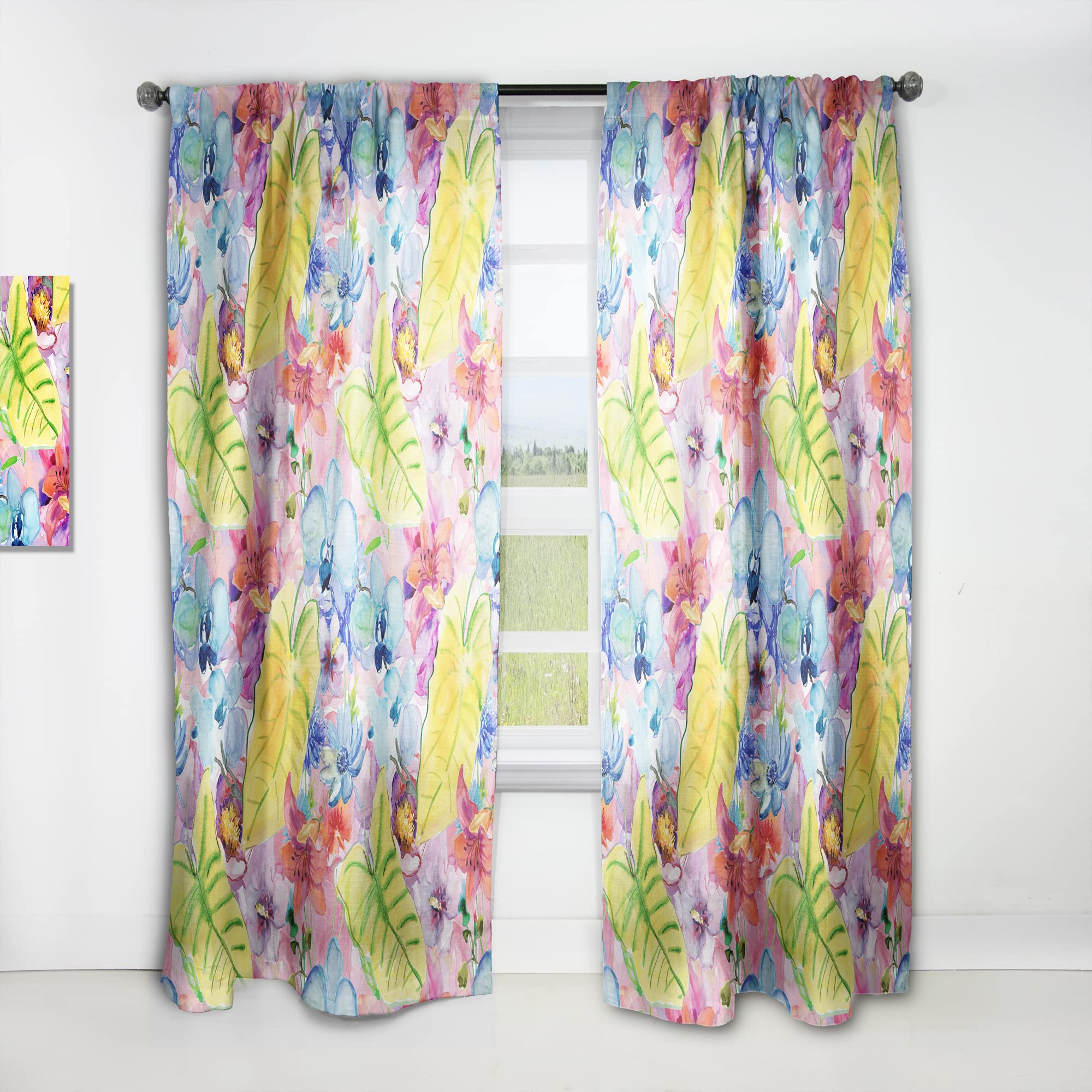 Rideaux DesignQ feuilles jaunes tropicales et fleurs bleues rouges pour salon