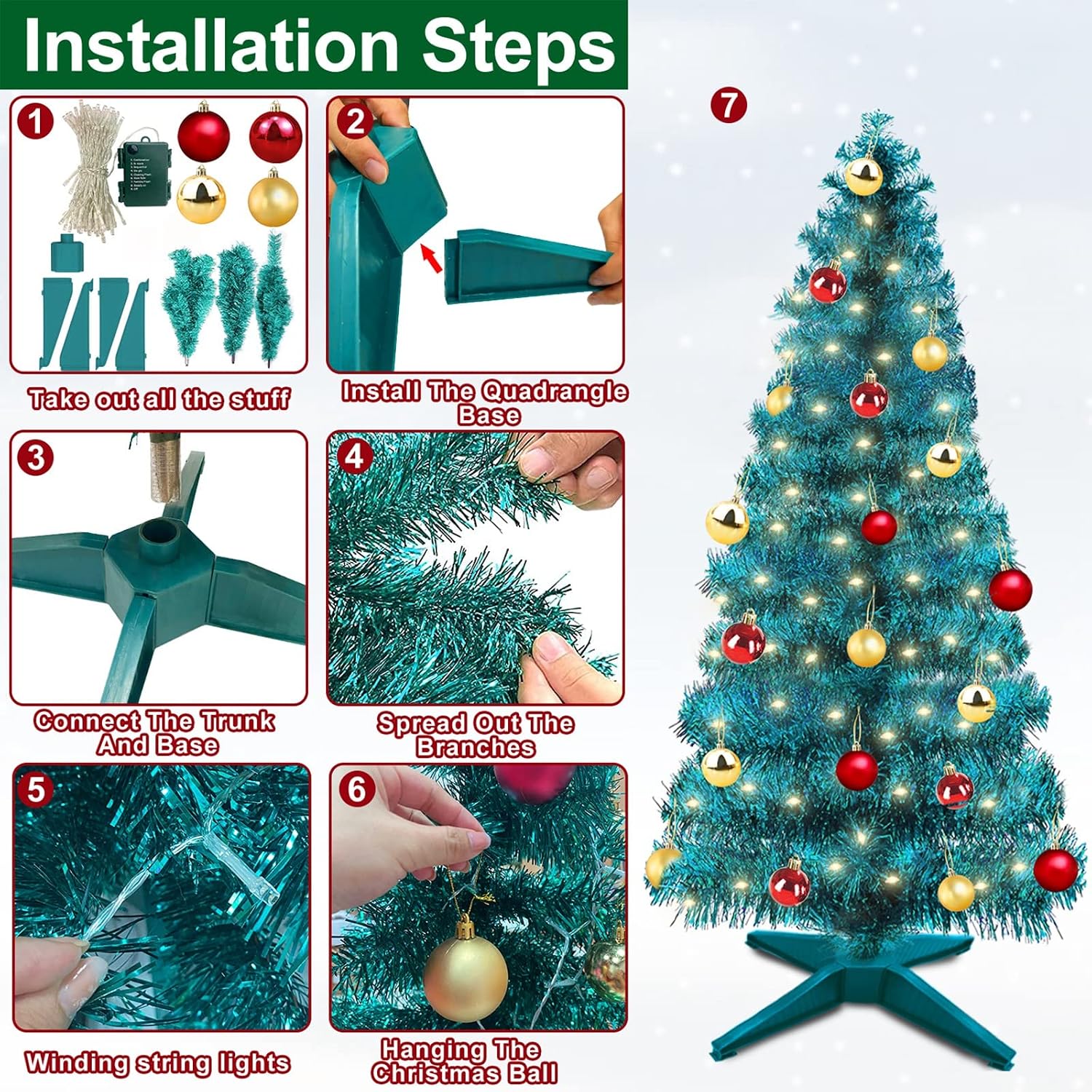 TURNMEON 4 Ft Christmas Tree with 80 Warm Lights Timer 8 Modes DIY 30 Ball Ornaments Star USB Plug Artificial Pencil Full Xmas Tree Indoor Outdoor Home Holiday Xmas Decoration(Blue)