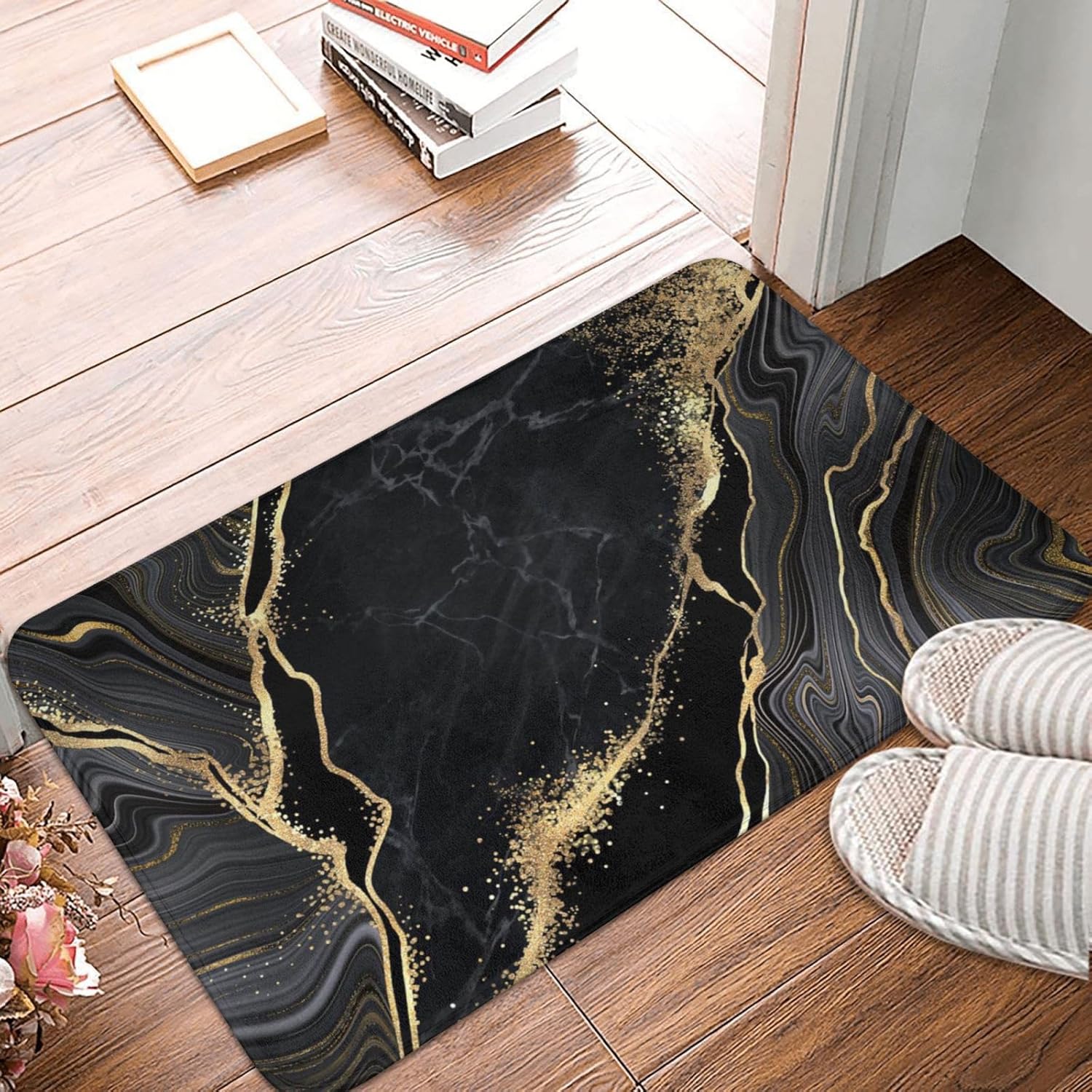 Black and Gold Marble Bath Mats for Bathroom, Soft Absorbent Bath Rug Non-Slip Floor Rug Carpets for Kitchen Bathroom Laundry Bedroom Living Room Decoration