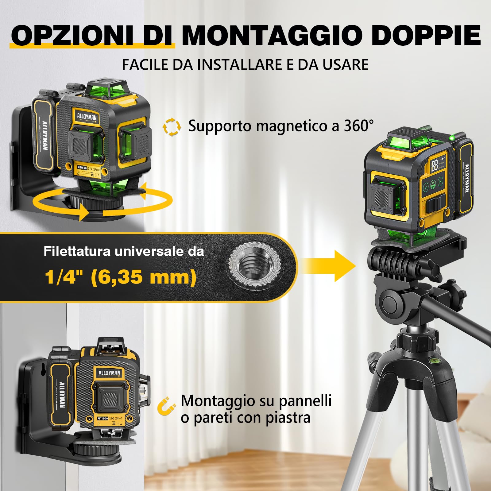 Alloyman Livella Laser Autolivellante 16 Linee con treppiede, Laser a linee incrociate a 4x360 gradi, 4D verde, laser a croce con 2 batterie ricaricabili, IP54, per fai da te, lavori interni e