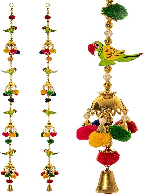 Tarini Gallery Set of 2 Traditional Handcrafted Colorful Pompom Door Hangings Latkan Home Décor for Home Offices Hotel Wall Hangings and Gifting (Parrot Latkan)