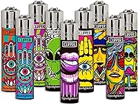 Clipper Classic Large Reusable Lighters 9-Pack - Refillable Windproof Butane Lighters with Poking Tool, Bulk Variety Designs