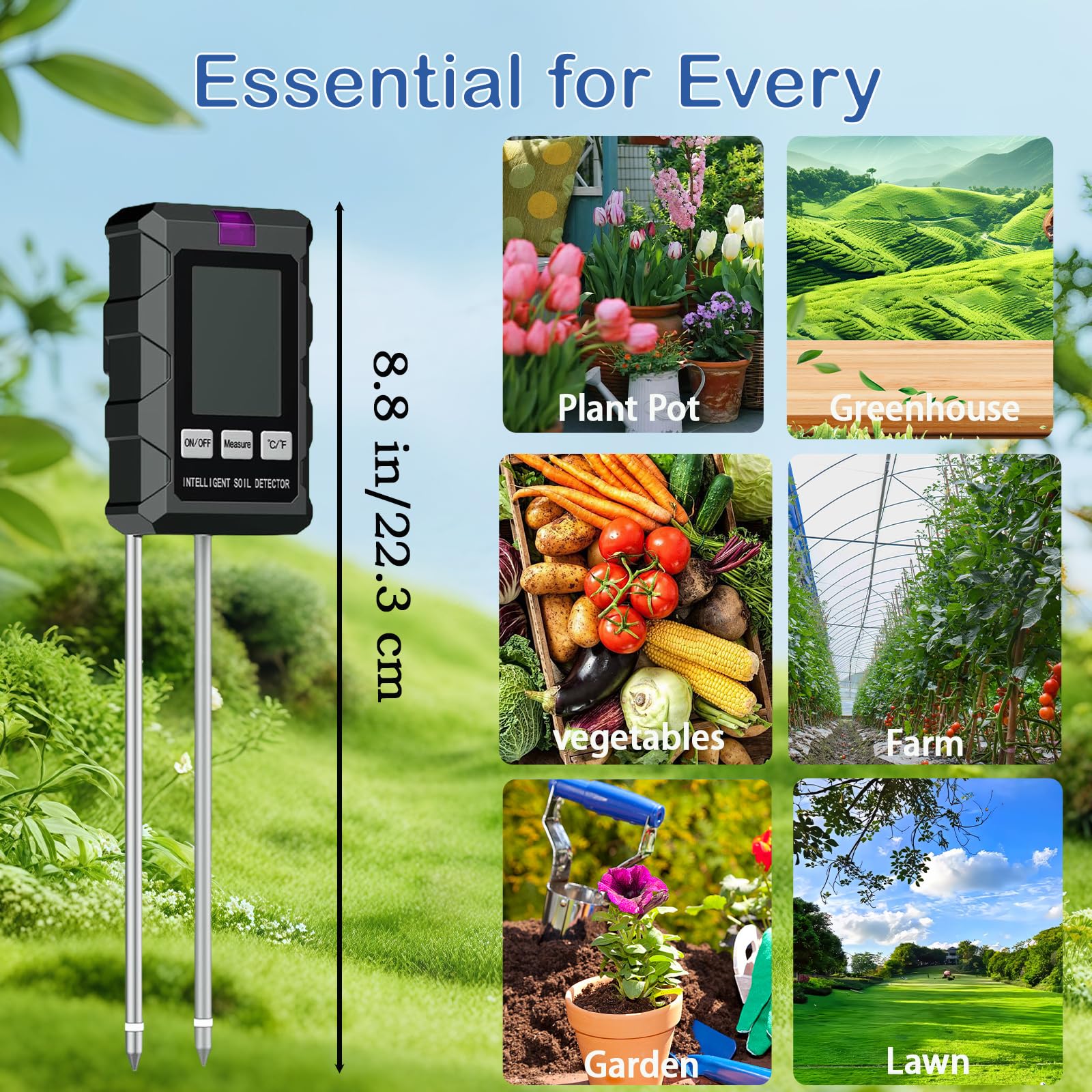 Testeur d'Humidité du Sol 6 en 1, Mesure pH, Fertilité, Lumière Soleil, Température, Hygromètre Plante pour Jardin, Potager et Plantes d'Intérieur