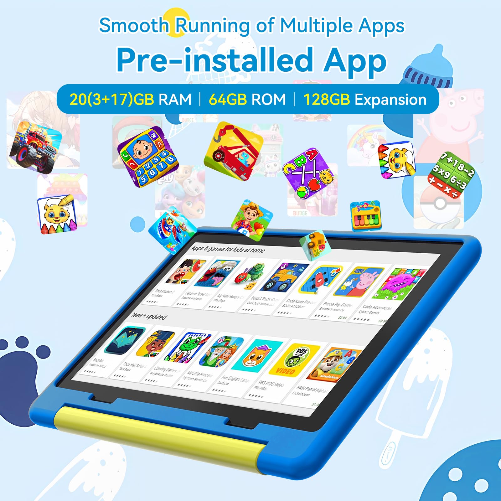 Kinder Tablet 10 Zoll,Android 15 Tablet mit 20 GB RAM+64GB ROM(TF 1TB), Kindersicherung, Wi-Fi 6G, Widevine L1, 5000mAh, Sturzsicherer Schutzhülle, Tolles Geschenk für Kinder Blau
