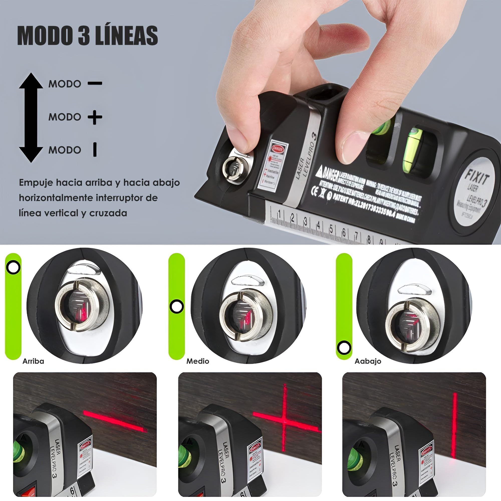 RONLADO Nivel Láser Multifunción,Líneas Láser Transversales Horizontales y  Verticales Estándar,Cinta Métrica 2.5m,Regla Metalica 15cm,Nivel Láser para  Aaplicar en Techo/Piso/Pared : Amazon.com.mx: Herramientas y Mejoras del  Hogar