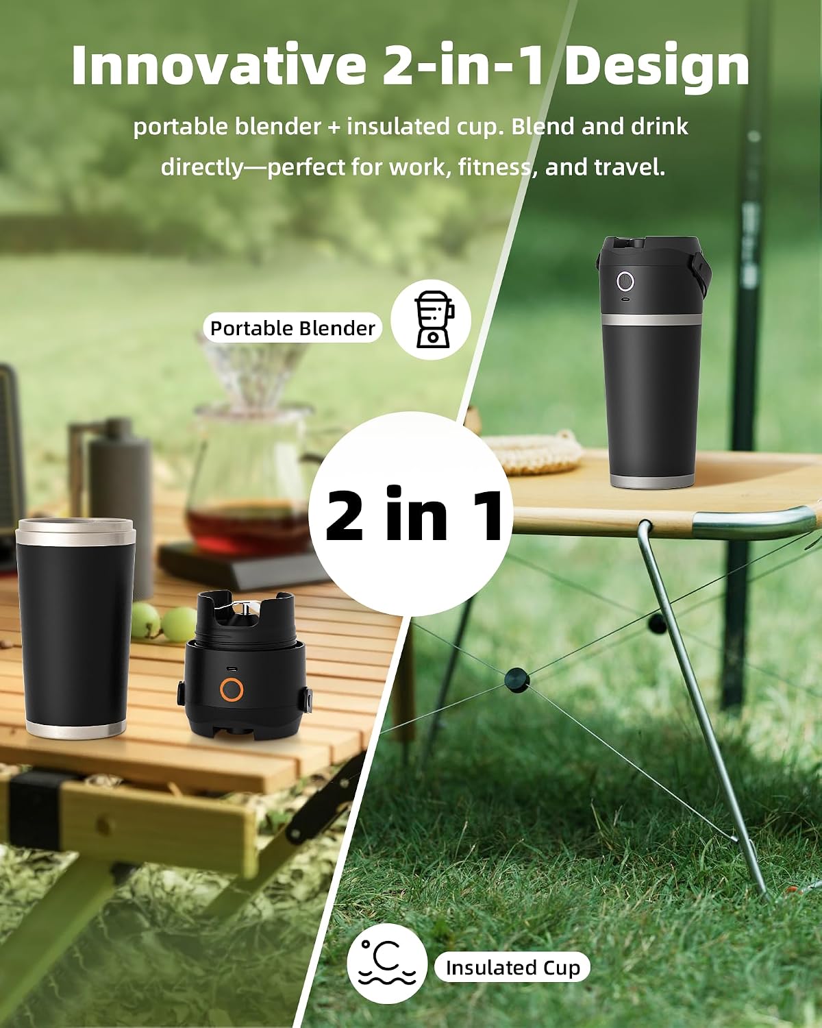 Portable Blender with Insulated Cup, Personal Blender for Smoothies, 11.1V high-torque Motor, Stainless Steel Cup, Keep Cold 24 Hours, Self-cleaning, USB-C Rechargeable, 20 oz, Travel Lid, Black