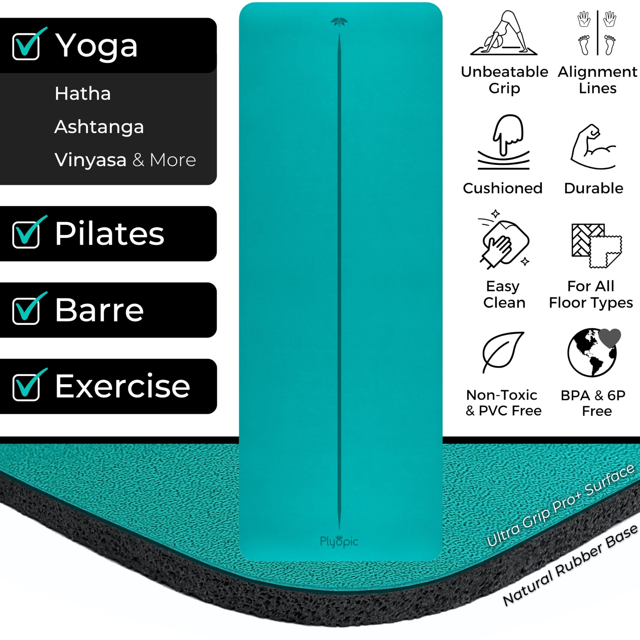 Plyopic Tappetino Yoga Ultra-Grip Pro+ | Antiscivolo ESTREME – Linee di Allineamento – Spesso e Confortevole – Per Tutti Stili di Yoga, Pilates, Esercizio, Allenamento