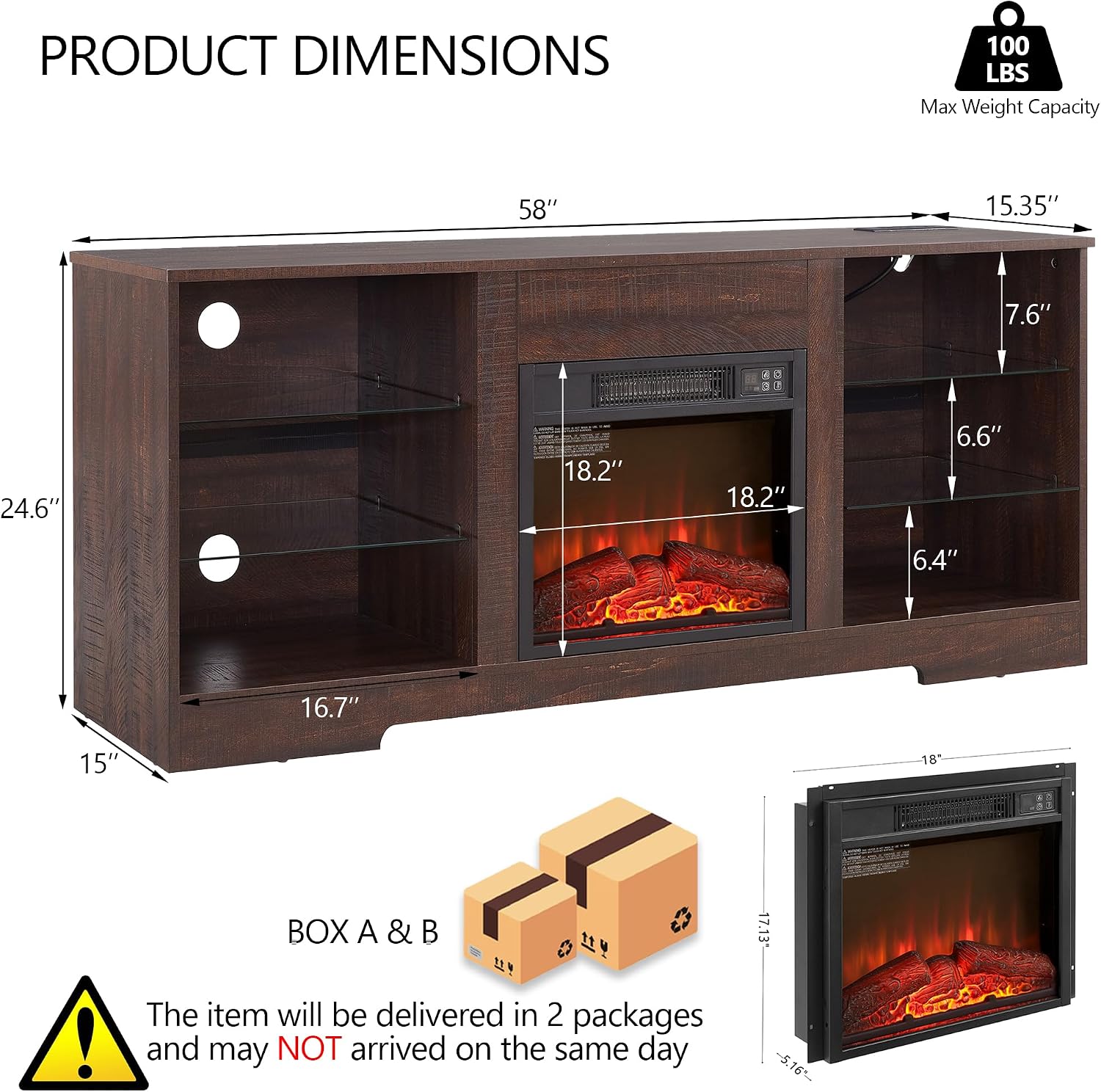 58-inch Electric Fireplace TV Stand with Built-in Heater — Media Console with Storage, Customizable LED Fireplace, Remote, Outlets & USB