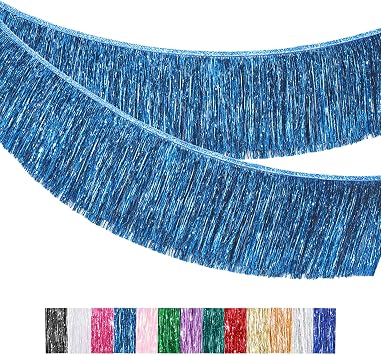 Blue Fringe Sparkly Tinsel Garland, 2M/20CM Wall Hanging Metallic Foil Banner, Shiny Streamers Party Backdrop for Wedding Birthday Car Parade Floats