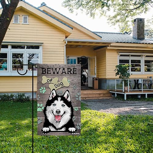 Miniatura 2 de MALIHONG Bonita bandera de jardín con diseño de perro con texto en inglés "Be Ware of Dog" Rottweiler, diseño de pata de cachorro, para interiores y