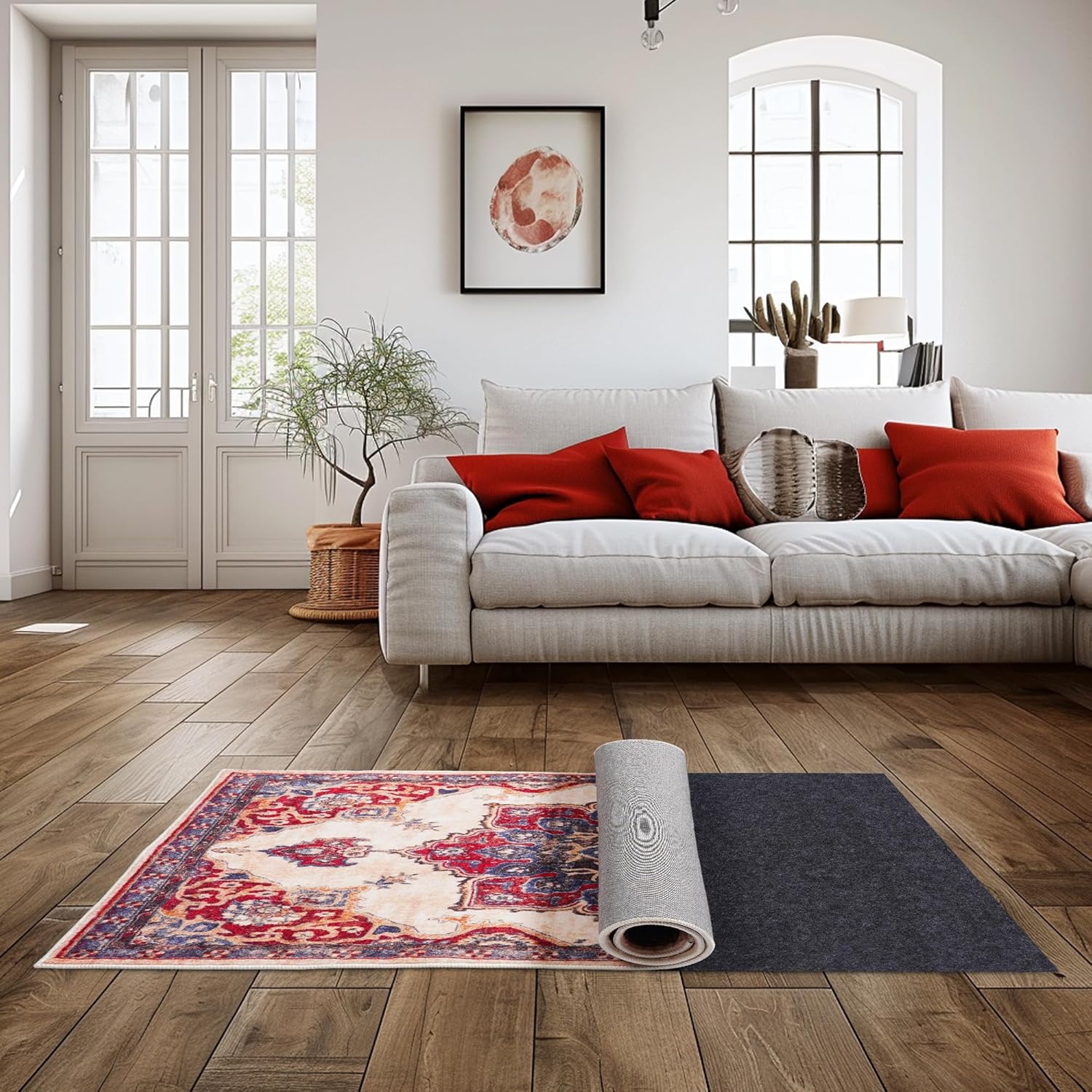 Non Slip Rug Pad Gripper, 1/10" Thick Felt Cushioned Carpet Pad with TPE Backing, Waterproof Under Area Rug Pads, for Hardwood Floors, Vinyl, Laminate, Stone, Carpet & Tile (96"x124")