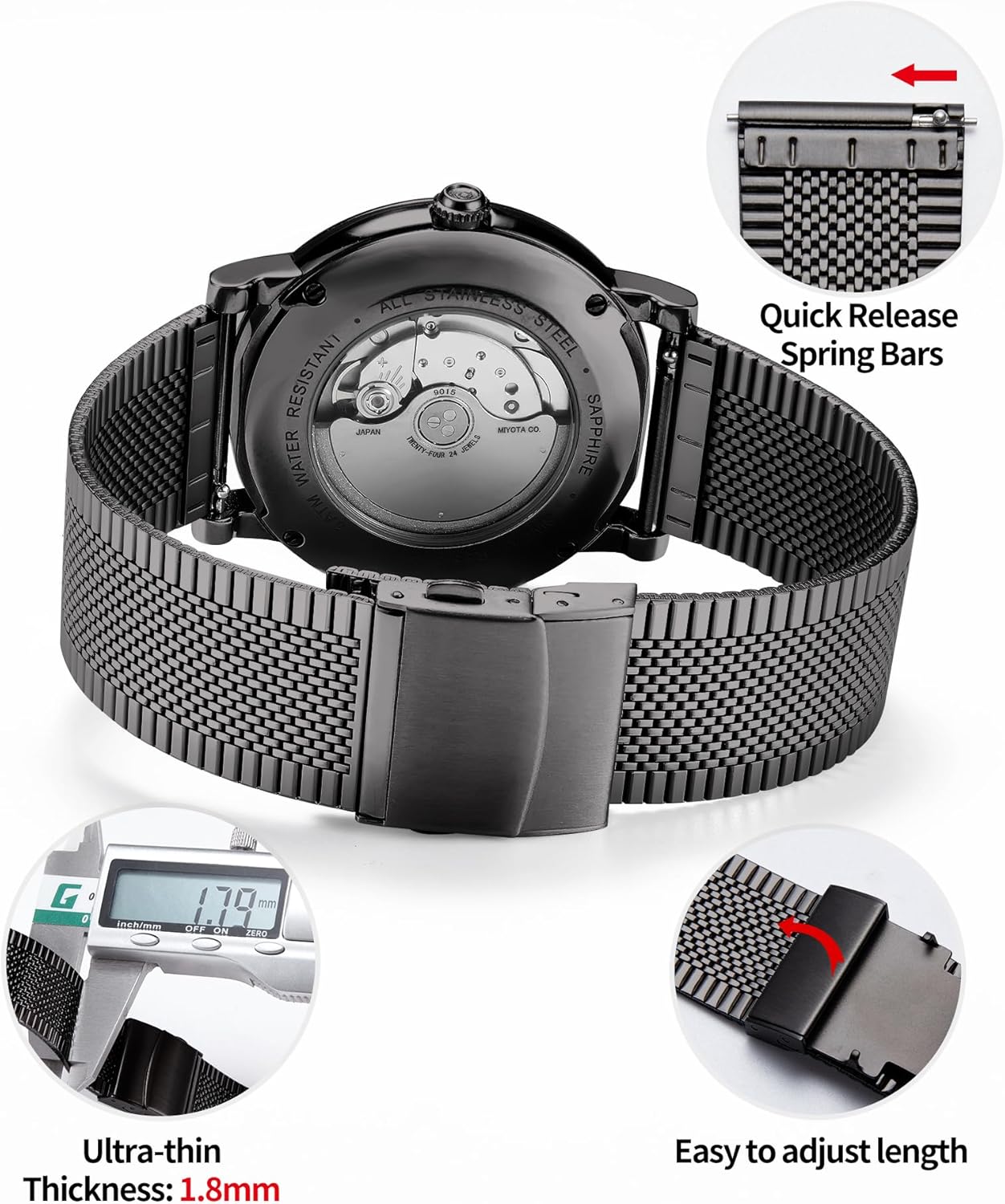 BINLUN Stainless Steel Mesh Watch Bands 12mm 14mm 16mm 18mm 20mm 22mm Ultra-thin Quick Release Metal Replacement Watch Strap Men Women 4 Color (Gold, Silver, Black, Rose Gold)