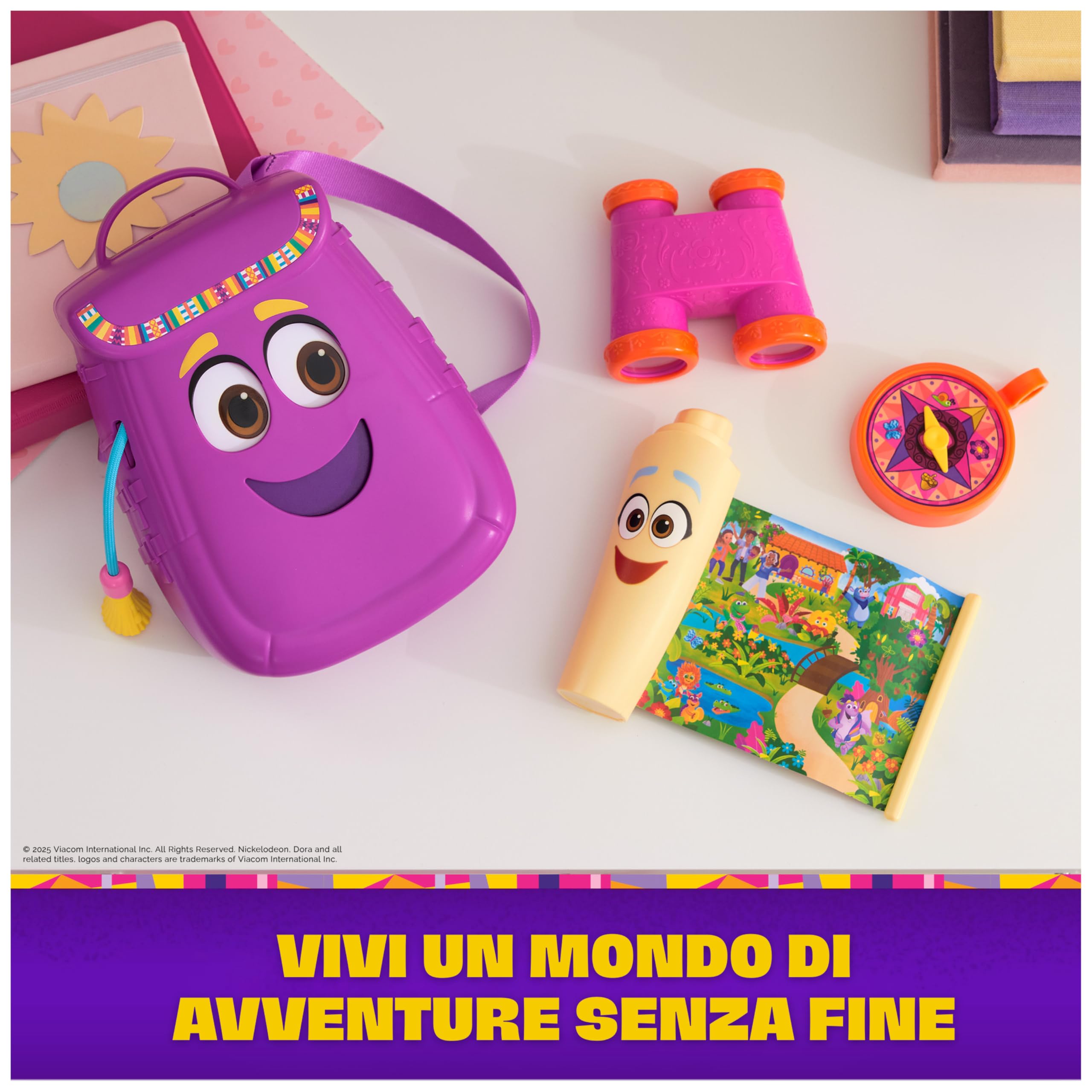 Dora l'Esploratrice, Zainetto con Accessori per l'Esplorazione‚ Mappa, Binocolo e Bussola Giocattolo, Giocattoli per Bambine e Bambini, 3+ Anni
