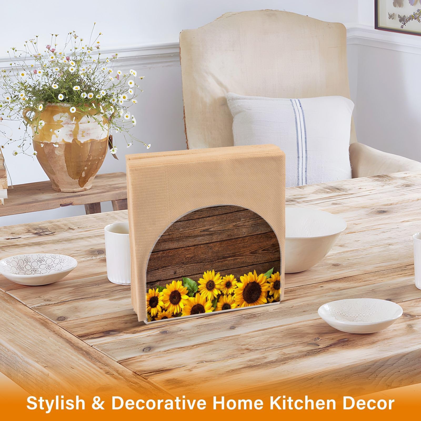 2 Stück Serviettenhalter Aus Holz – Sonnenblumen-Design, Rustikal, Ca. 13x14x6,8 Cm, Für Küche & Esszimmer