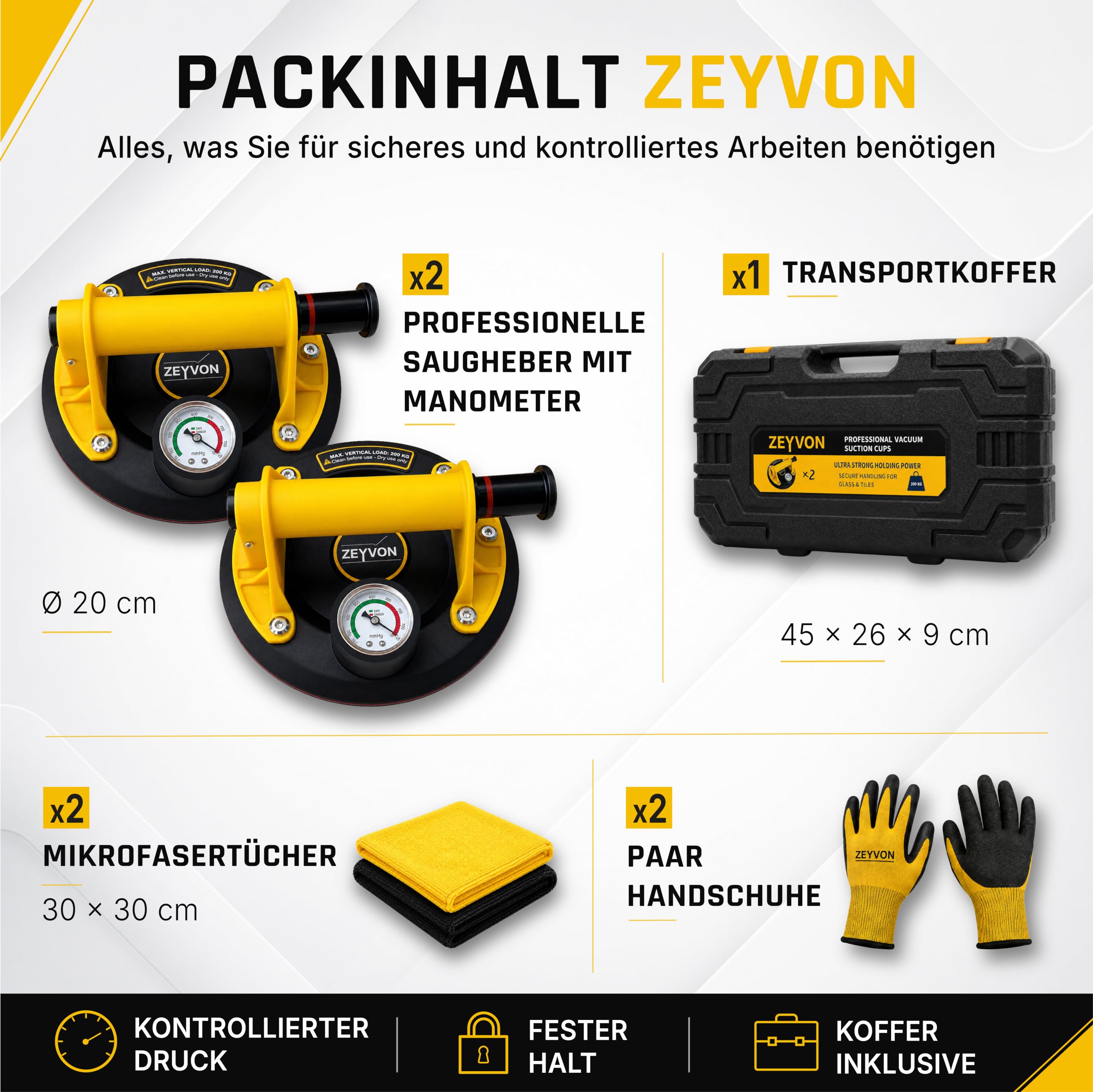 2er Set Vakuum-Saugheber 200 mm mit Manometer – 200 kg je Saugheber – Professioneller Glassauger & Fliesenheber mit Koffer und Zubehör – für Glas, Fliesen, Marmor und glatte Platten