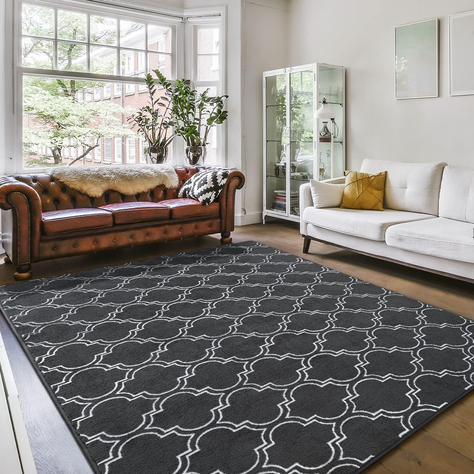 Amearea Fluffy Indoor Area Rug, Soft Trellis Moroccan Rugs for Bedroom, Shag Modern Area Rug for Living Room Kids Room Nursery, Easy Clean, Geometry Home Decor Low Pile Carpet, Dark Grey 5x7 Feet