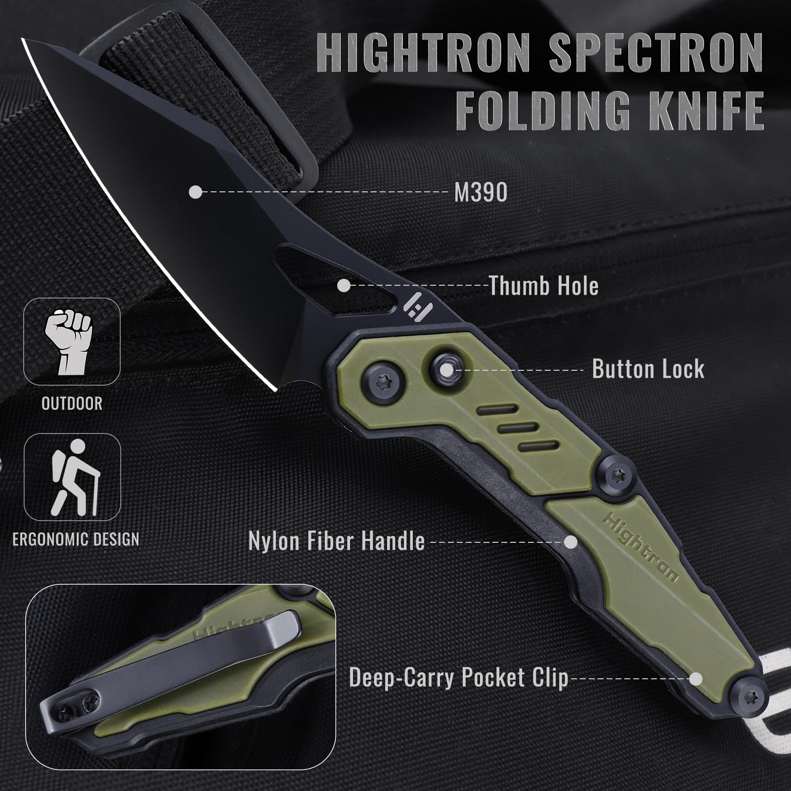 Hightron Couteau Pliable en Acier M390, pour Camping, Bricolage et Usage Quotidien, Spectron, Manche en GFN, Vert