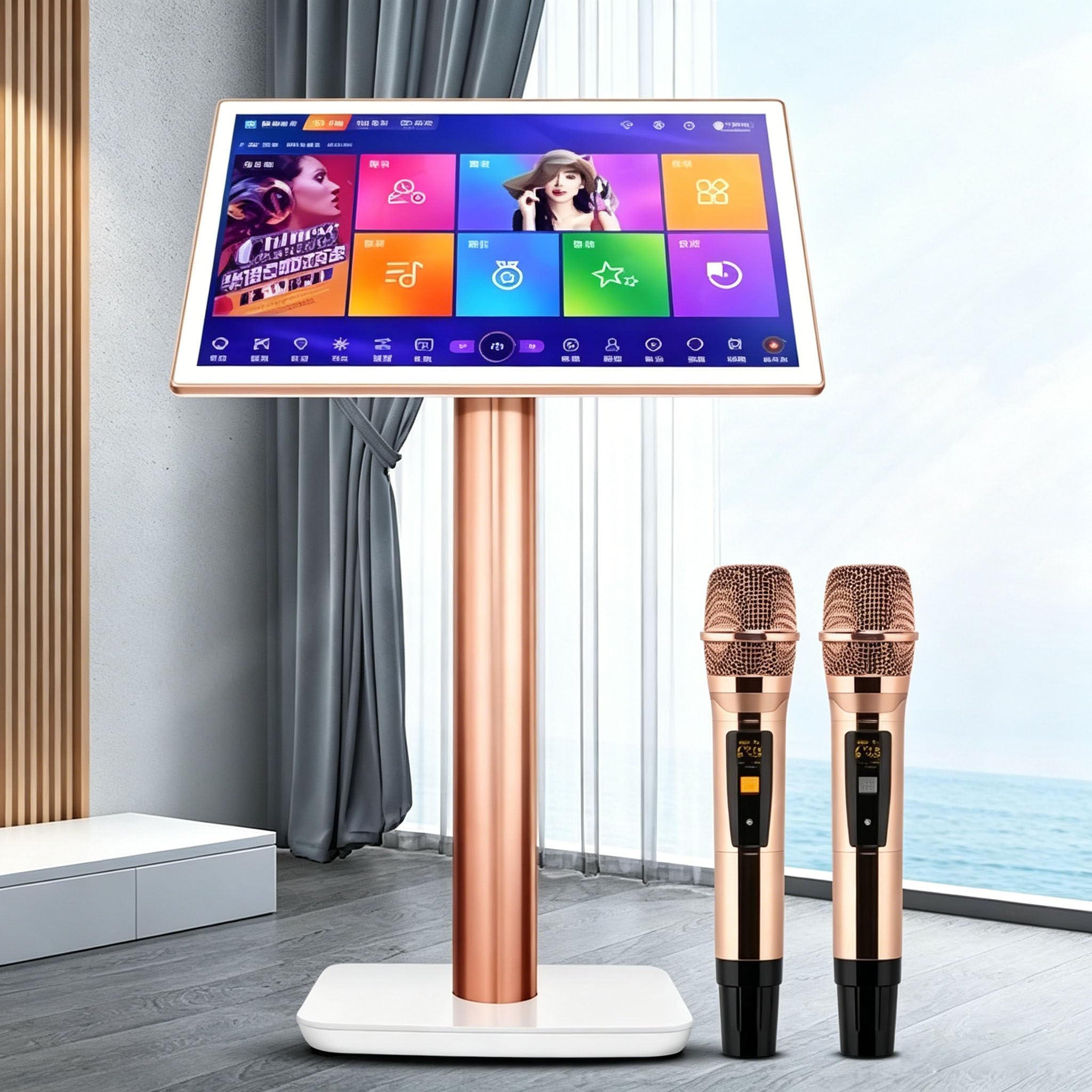 Karaoke 4 W 1 Z Mikserem, Ekran Dotykowy HD Z 2 Profesjonalnymi Mikrofonami Z Pogłosem, Utwory Online W Chmurze, 26 Języków, Odtwarzacz Muzyczny 19.5in-500g