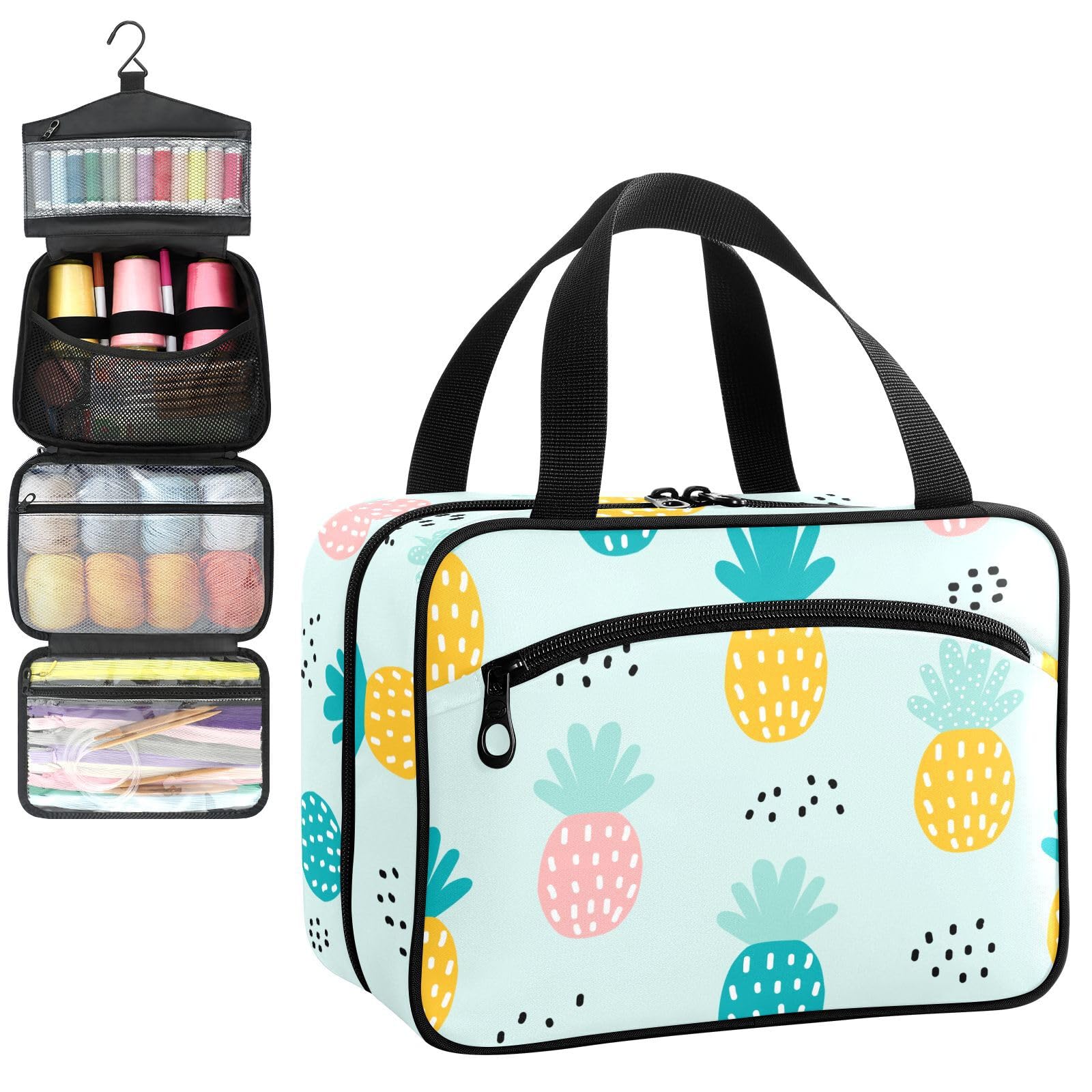 YNNALE Sewing Supply Organizer Bag, Aqua Blue Pineapple Cute Summer Fruit Portable Sewing Bags with Pockets&Hanger, Sewing Storage Box Case for Sew Supplies/Kit/Tools/Accessories (BAG ONLY)