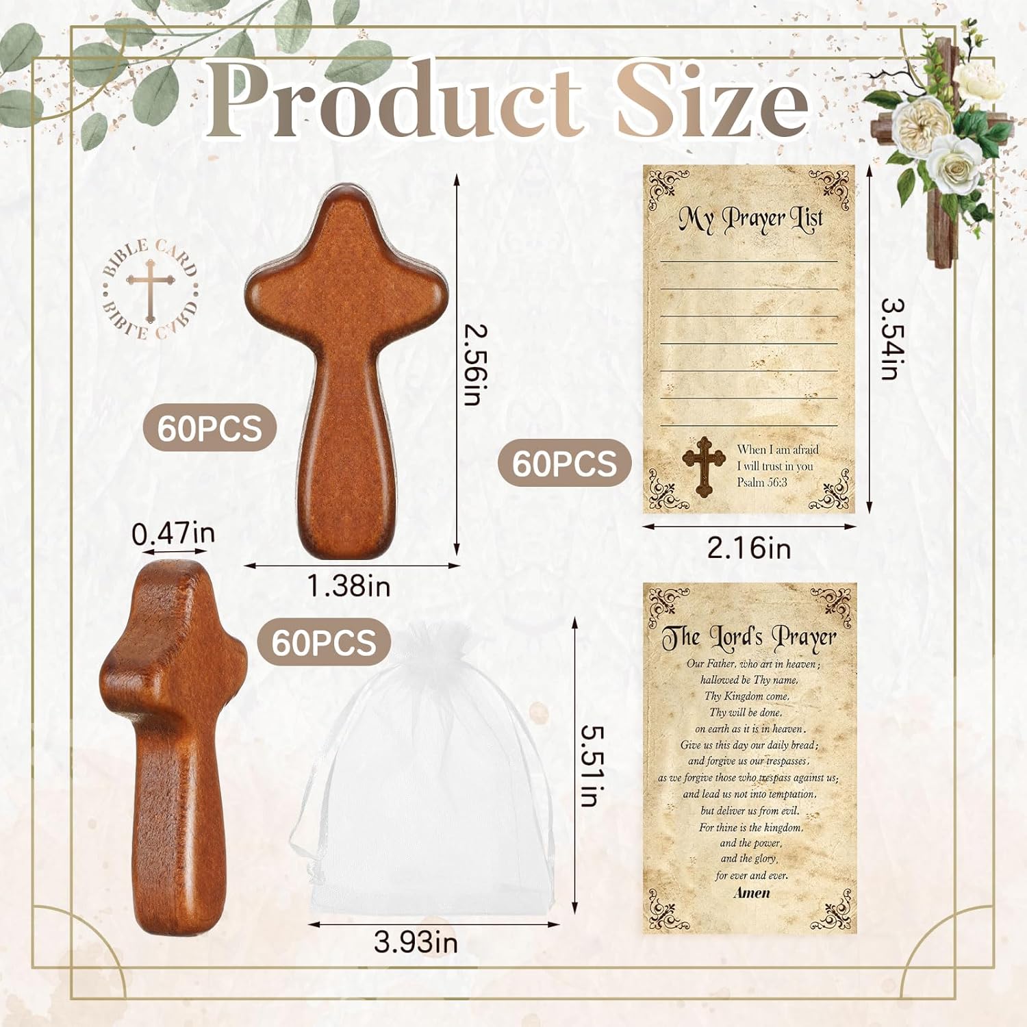 Kigley 60 Set Mini Wood Holding Crosses Bulk 60 Small Pocket Hand Crosses 60 Prayer Cards 60 Bags for Christmas Christian Church Jesus Cross Gift Bulk (Leaves,Organza)