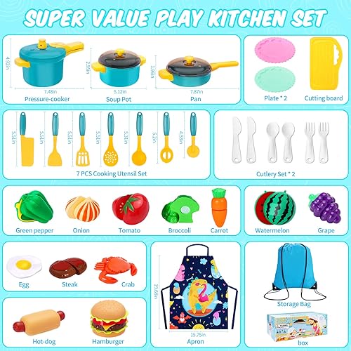 Miniatura 14 de Juego de accesorios de cocina para niños, juego de ollas y sartenes para niños, juego de cocina para niños pequeños, juguetes de cocina con platos