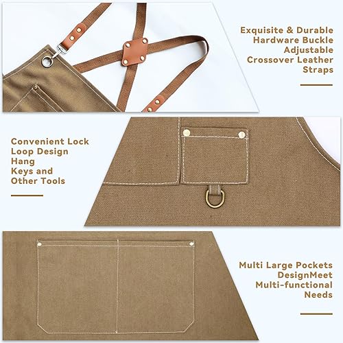 Miniatura 2 de Bluegogo Delantales de chef para hombres y mujeres, delantal ajustable de lona de algodón con espalda cruzada con bolsillos grandes para cocina,