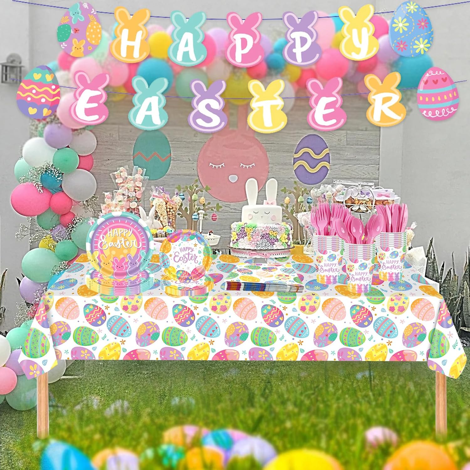 194Pcs Easter Paper Plates & Napkins Sets, Easters Dinnerware/Tableware Sets Including Cups Straws Plastic Cutlery Banner Disposable Tablecloth for Easter Party Supplies Decor,Serves 24 Guests