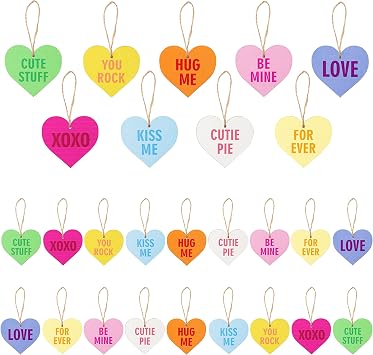 Haooryx Heart Shape Hanging Ornaments - 27Pcs Candy Heart Wooden Tree Hanging Ornament Twine Mothers Day Decoration Spring Birthday Wedding Gift Bridal Shower Home Party Tree Wall Decor Supplies