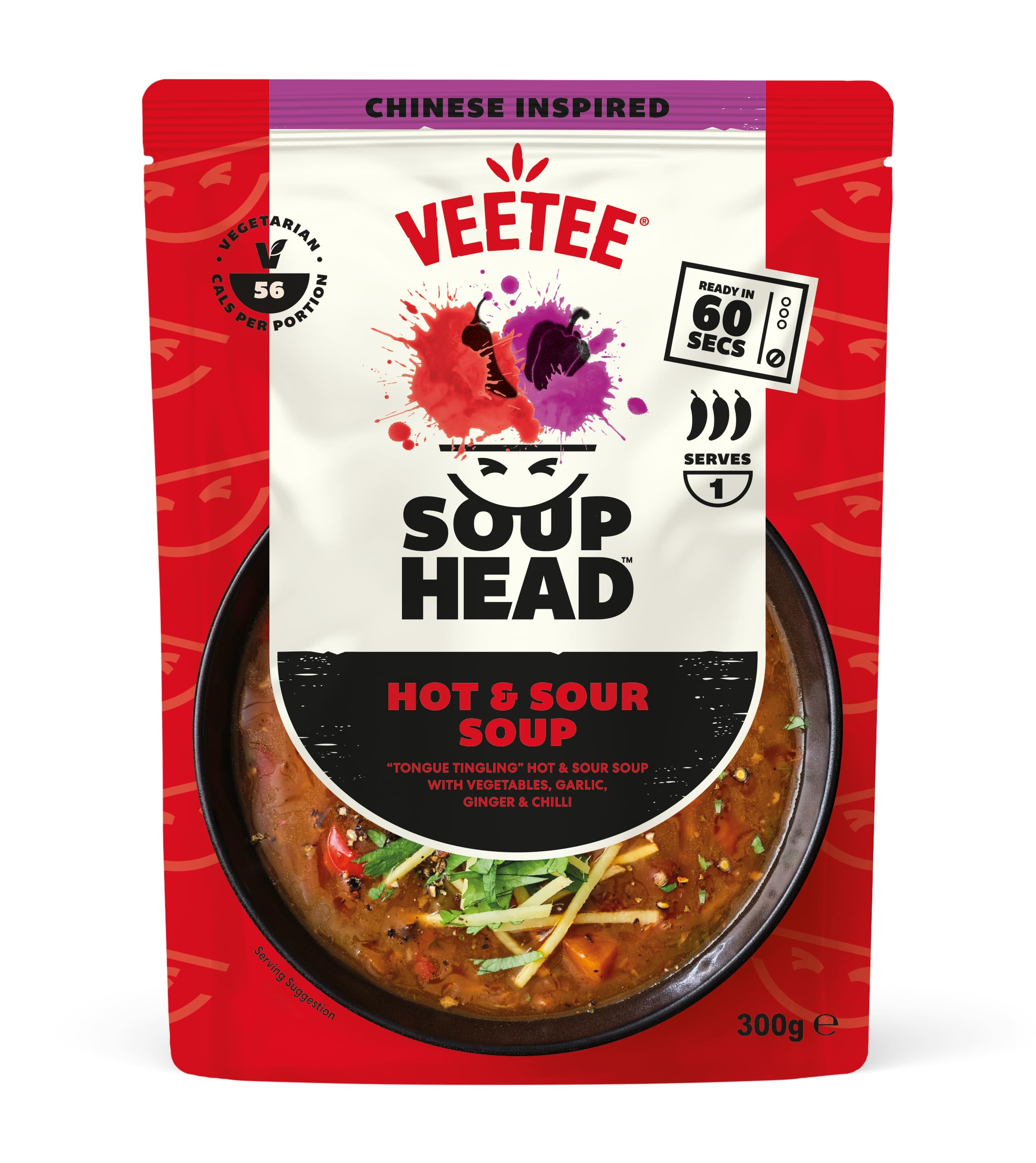 Veetee Soup Head Instant Soups Microwave Meal - Hot & Sour (8 Pack) | Ready in 60 Seconds | Chinese Inspired Dish with Vegetables, Garlic, Ginger, Spring Onion & Chilli | Instant Food & Snack Pouches