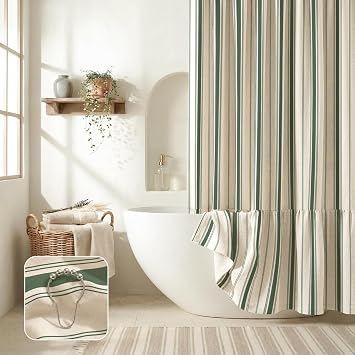 Linen Shower Curtains for Bathroom - Farmhouse & Bohemian Shower Curtains, Neutral Textured 12 Ruffled Shower Curtain, Spa-Like, Easy Care Beige and Green, 72" W x 72" L, Vertical Stripe