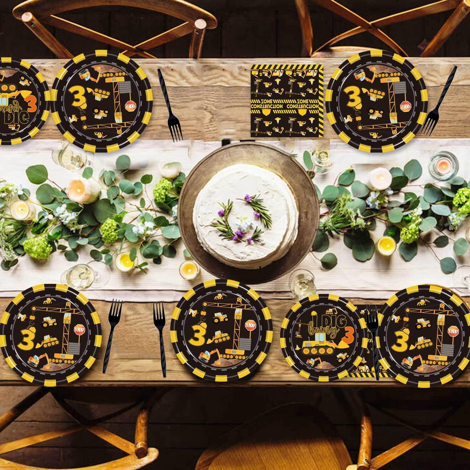 80 Pcs Construction 3rd Birthday Party Supplies Dump Truck Theme Three Decorations Tableware Includes Plates, Napkins, Forks for Boys Construction Three Years Old Birthday Party Decorations Favors - Image 6