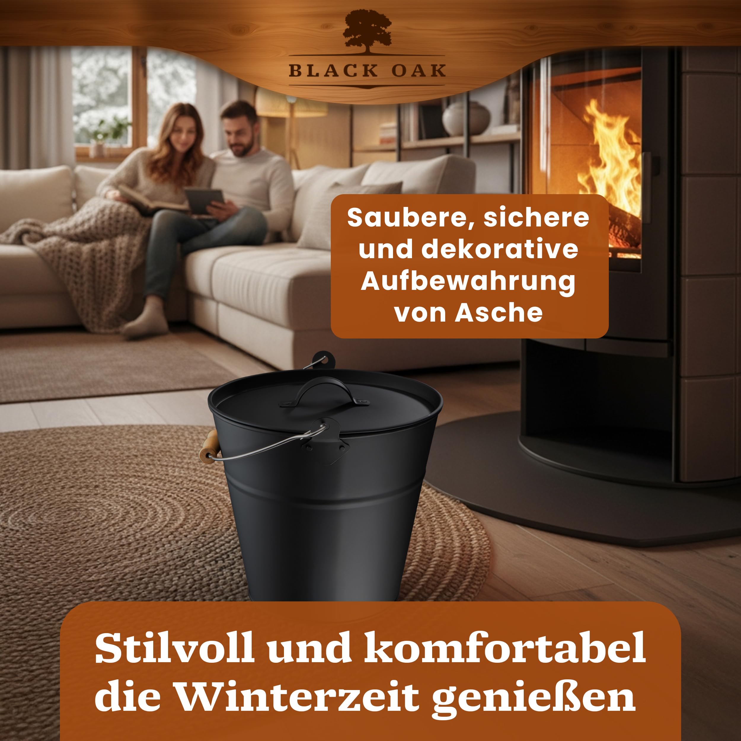 BLACK OAK Ascheeimer FOGO 10L - schwarz mit Deckel mit Metallgriff + Feger + Schaufel & Handschuhen - 10L groß Stahl feuerfest verzinkt & pulverbeschichtet Eimer für Asche Kohle Pellets Zubehör Kamin