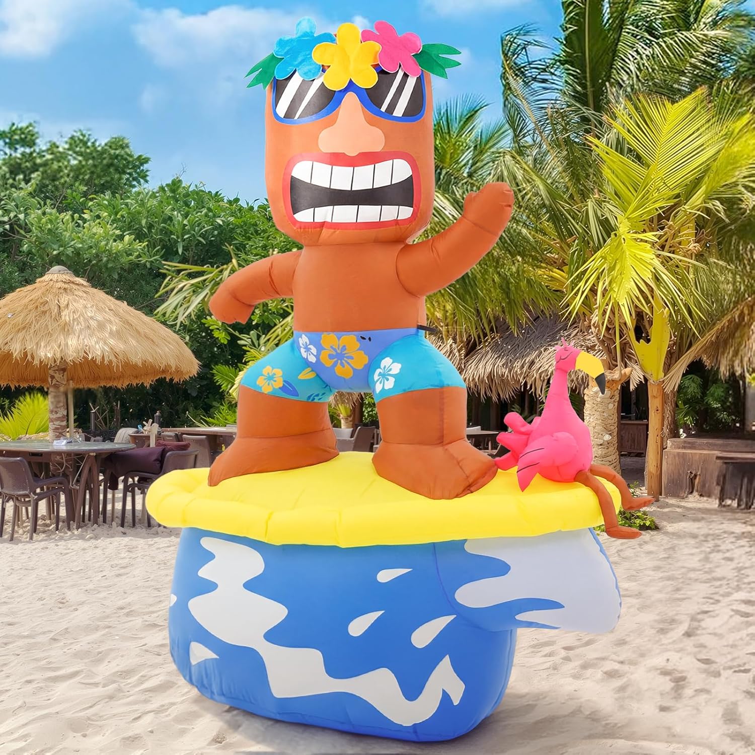 5FT Inflatable Tiki Luau Party Decorations, Luau Party Inflatable Decorations Tiki Flamingo Surfboard, Summer Inflatables Outdoor Decorations with LEDs for Yard Beach Hawaiian Party Decorations