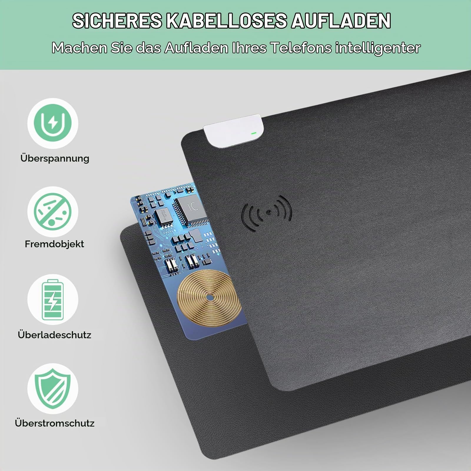 GORESE Schreibtischunterlage Leder Kabellose Ladetischmatte Mauspad 10W Desk Mat 900x420x4mm mit 10W Schnellladung-Tischmatte Kabelloses Laden Wasserdichte Schreibunterlage für Büro/Zuhause