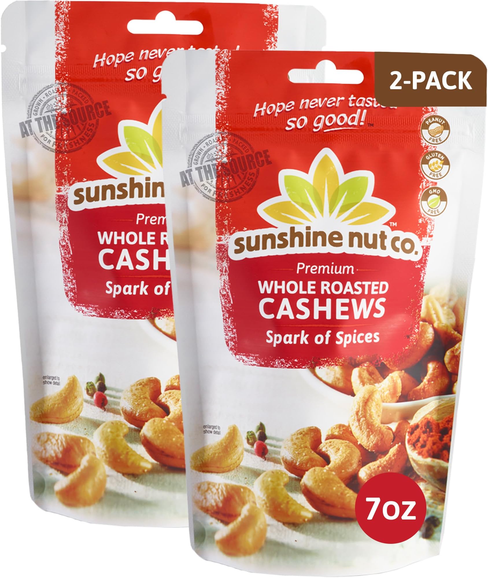 - Sunshine Nut Company Whole Roasted Lightly Salted Cashews, Spark of Spices Flavor, 2 Pack, 7 oz. Each, Gluten Free, Peanut Free and Vegan Individual Snack Packs for Kids and Adults, GMO Free