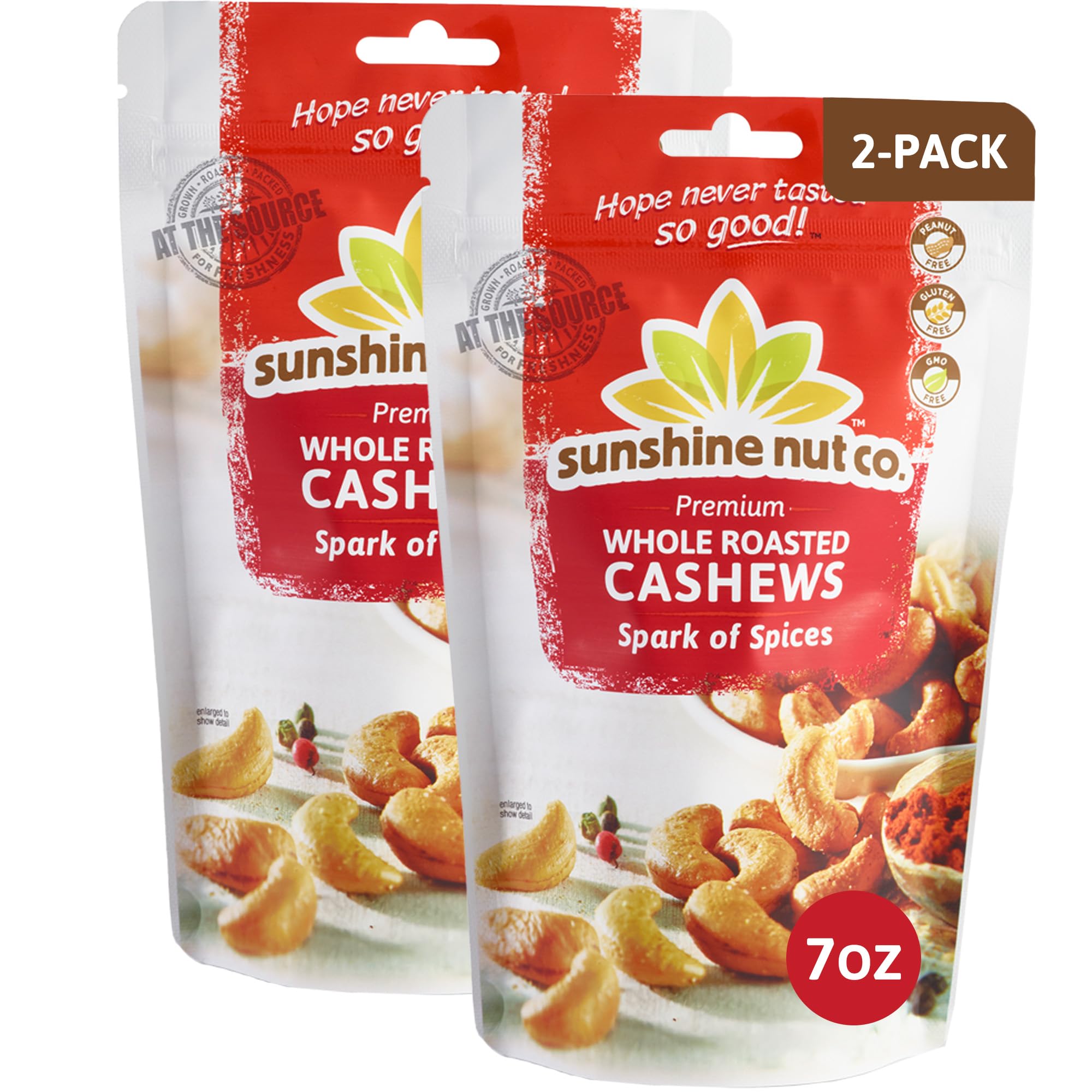 - Sunshine Nut Company Whole Roasted Lightly Salted Cashews, Spark of Spices Flavor, 2 Pack, 7 oz. Each, Gluten Free, Peanut Free and Vegan Individual Snack Packs for Kids and Adults, GMO Free