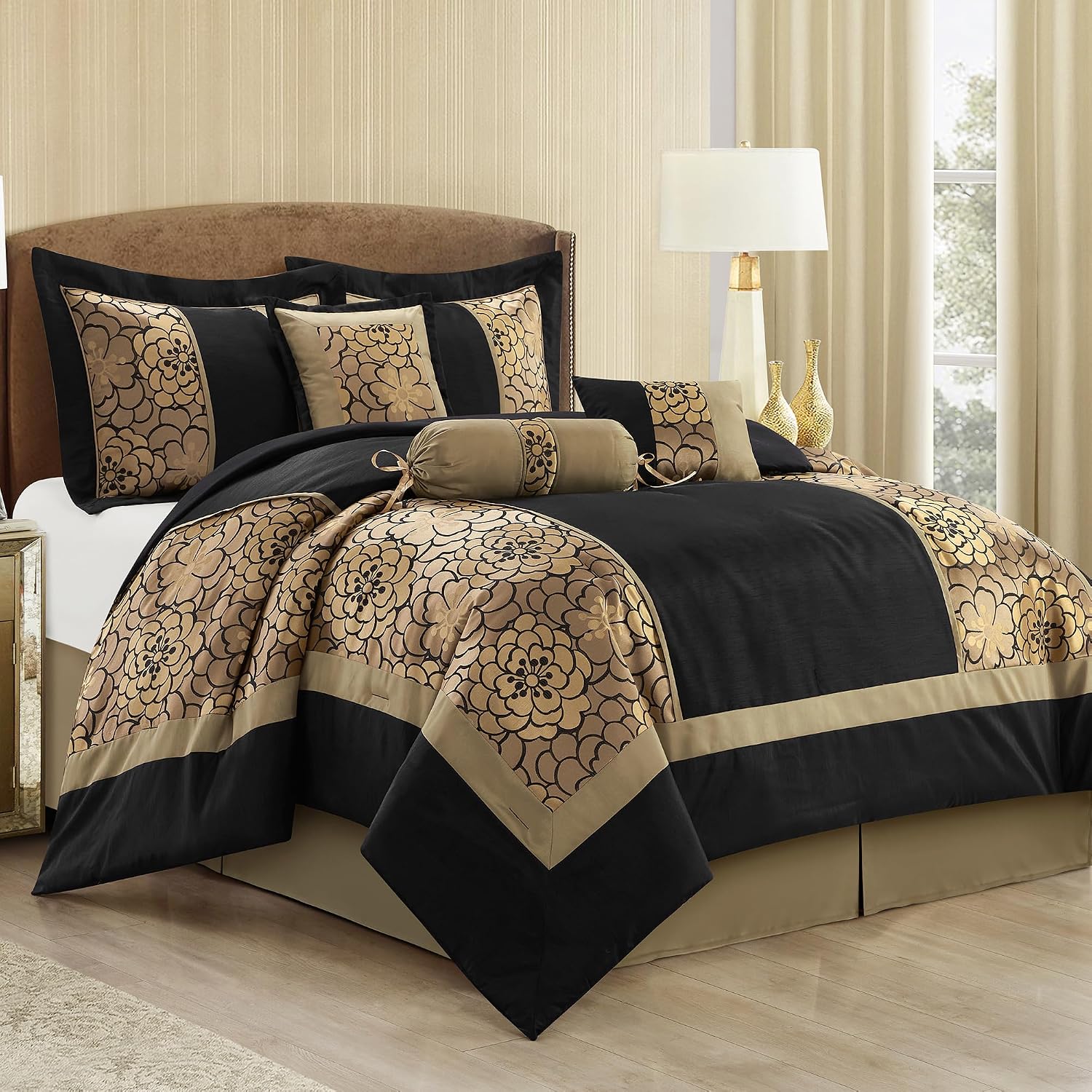 LANCO MODERN LIFESTYLE 9 Piece Queen Comforter Set, Black Gold, Elegant Floral Jacquard, Stylish and Cozy Bedding Collection, Premium Bedding Set with Curtains, Bedskirt, Shams and Pillows
