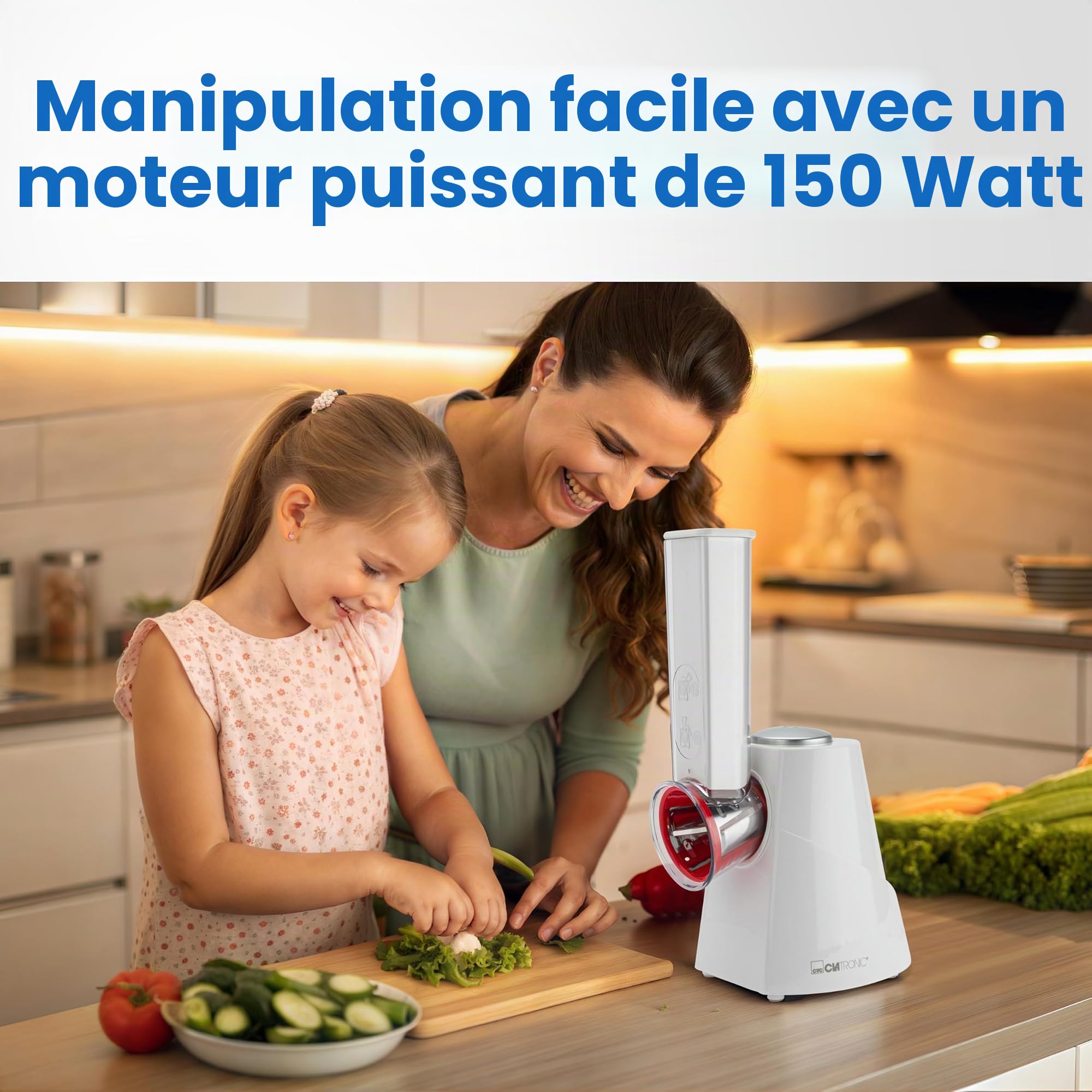 Clatronic ME 3604, Multi-Express, pour couper, râper et émincer | Éminceur électrique | Coupe-légumes | Râpe à légumes | 5 ustensiles y compris râpes | Grande ouverture de remplissage | 200W | Blanc