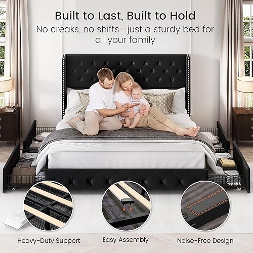 Miniatura 112 de LARMACE - Marco de cama tamaño King con 4 cajones de almacenamiento y cabecera tapizada con botones, cama de plataforma tapizada en lino con